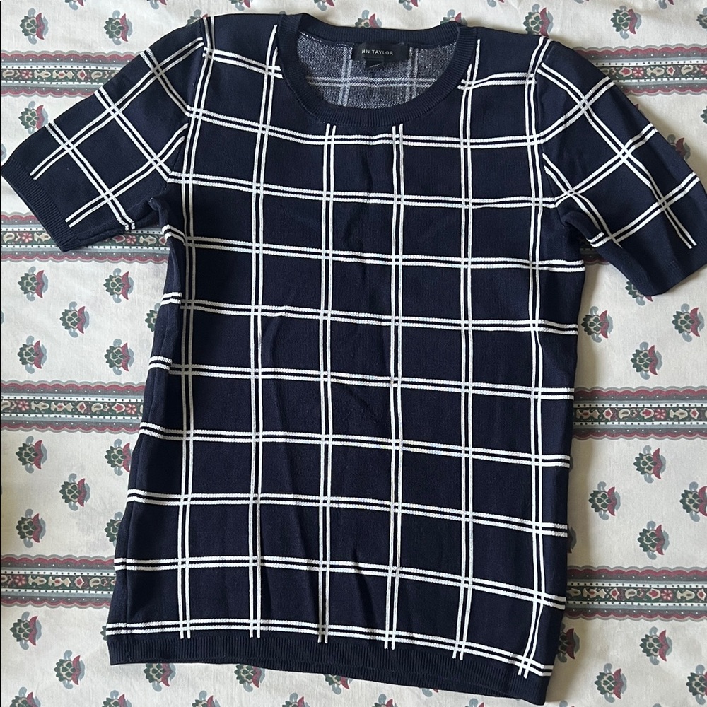 Ann Taylor Navy and White Checkered Short Sleeve Top